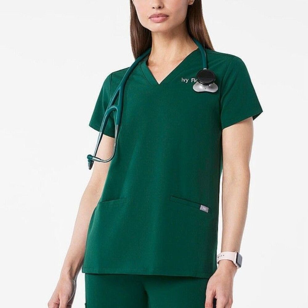 FIGS Womens Casma Three-Pocket Scrub Top M Hunter Green V-Neck Nurse Medical NEW